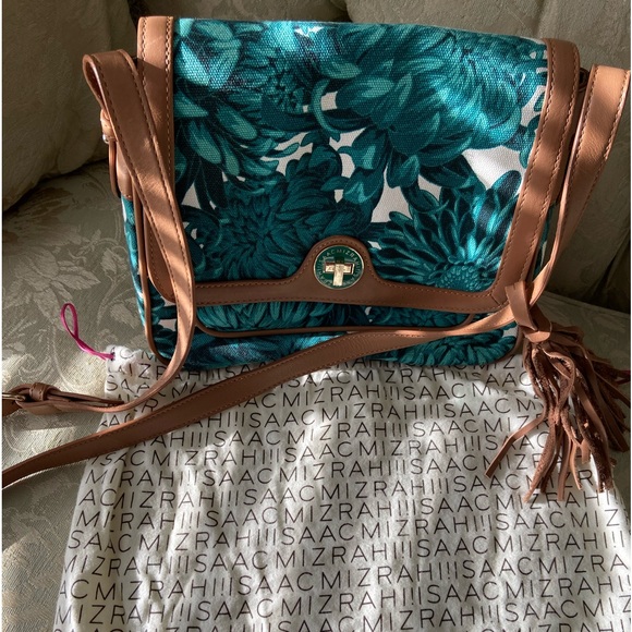 Isaac Mizrahi teal floral print crossbody, with Carmel trim - Picture 6 of 15